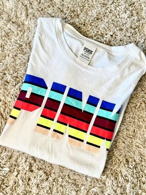 PINK Victoria's Secret White Short Sleeve Tee with Rainbow Stripe PINK Logo